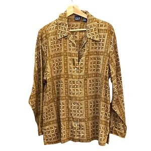 Vintage 90s GAP Women's Brown Geometric Sheer Print Shirt Button Up Grunge Retro